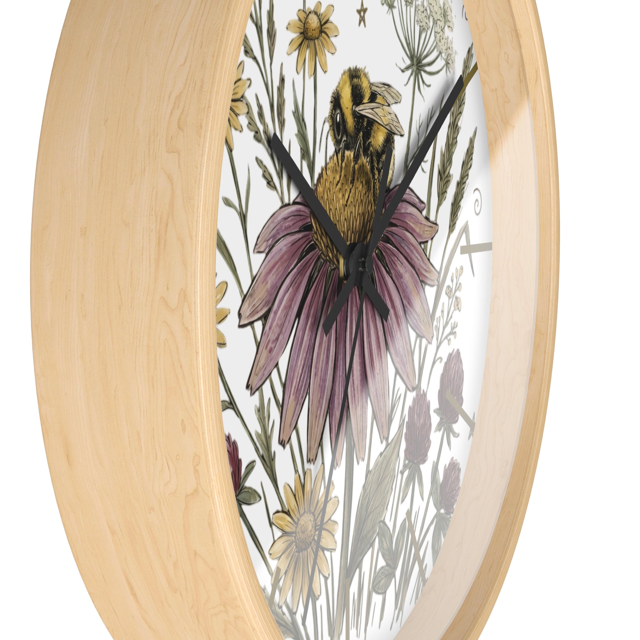 Side view of a round wood wall clock with floral and bee design on a white background