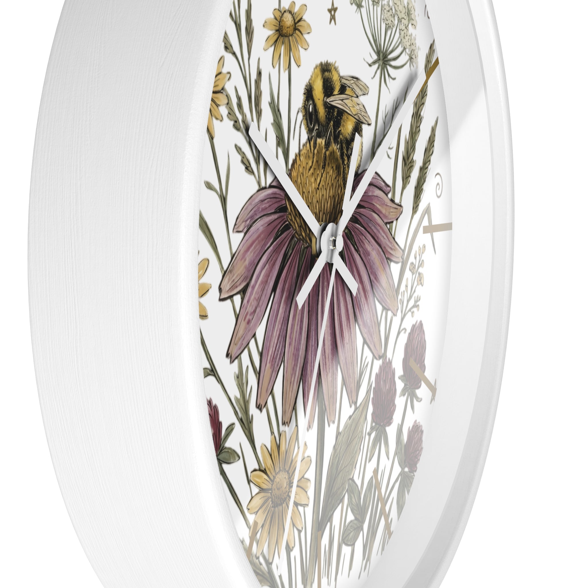 Side view of a round white wall clock with floral and bee design on a white background