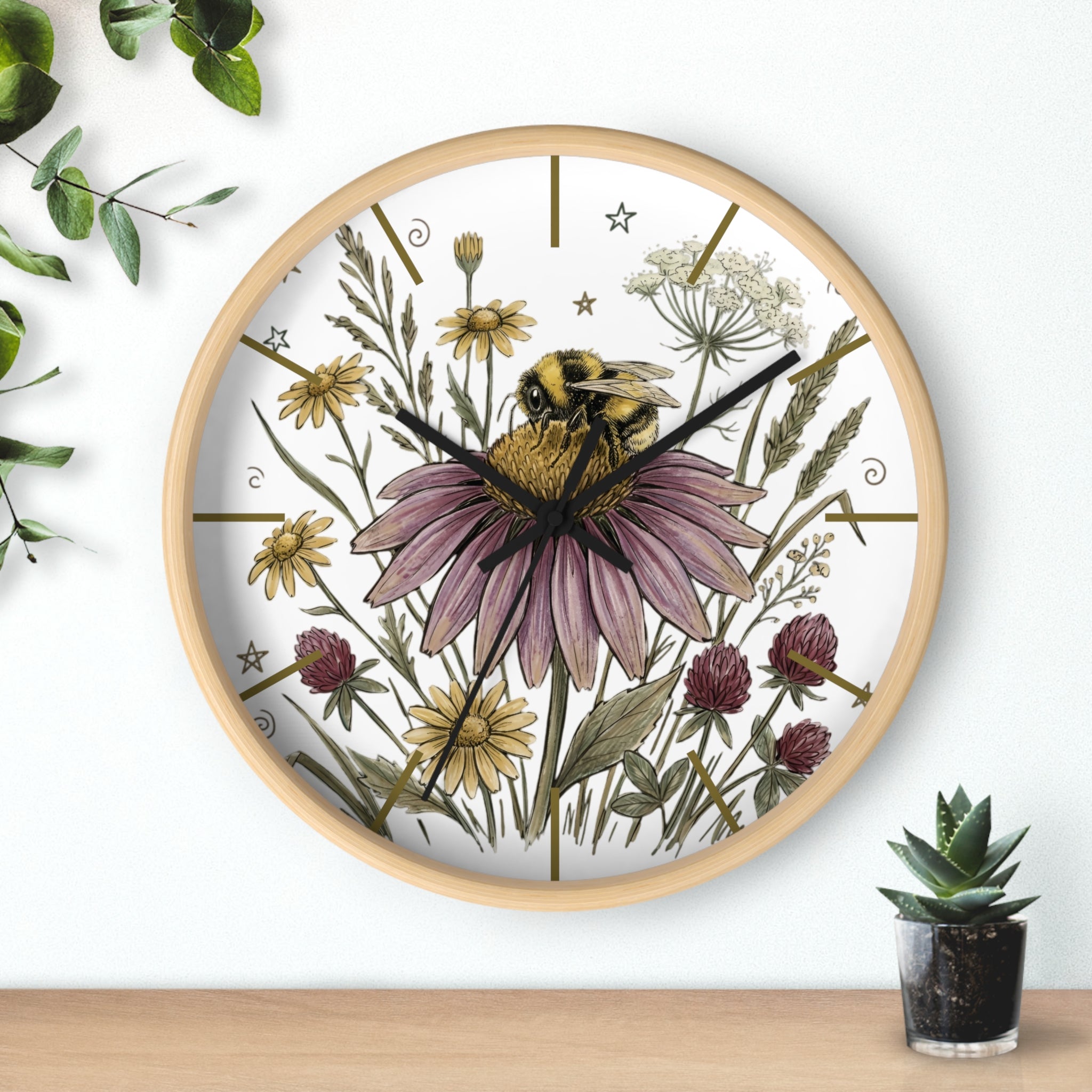 Round wood decorative wall clock with a bee and flower design on a white background