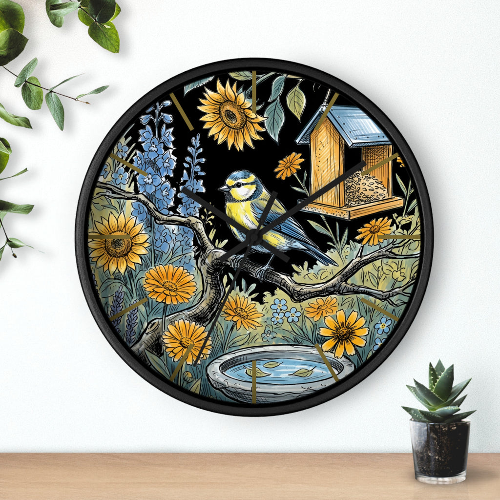 Round black decorative wall clock with a bird and nature design on a white background