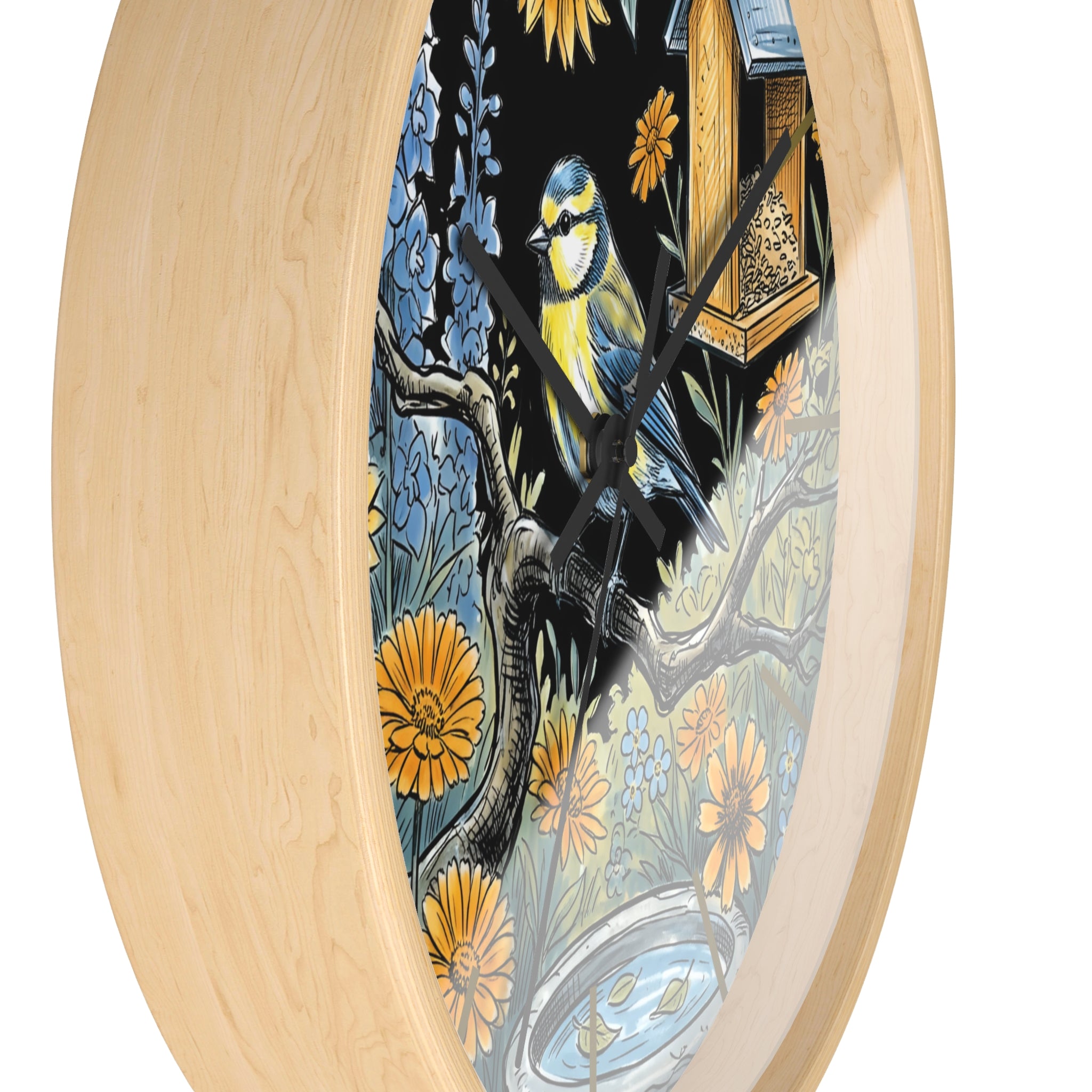 Decorative wood wall clock with bird and floral design on a white background
