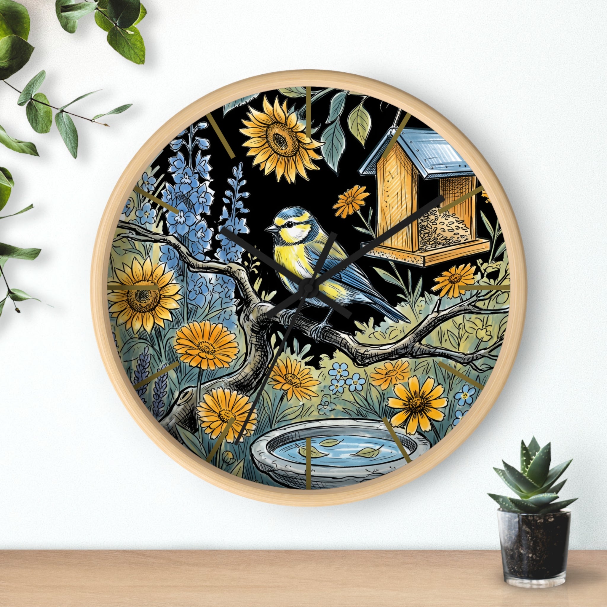 Round wood decorative wall clock with a bird and floral design on a white background