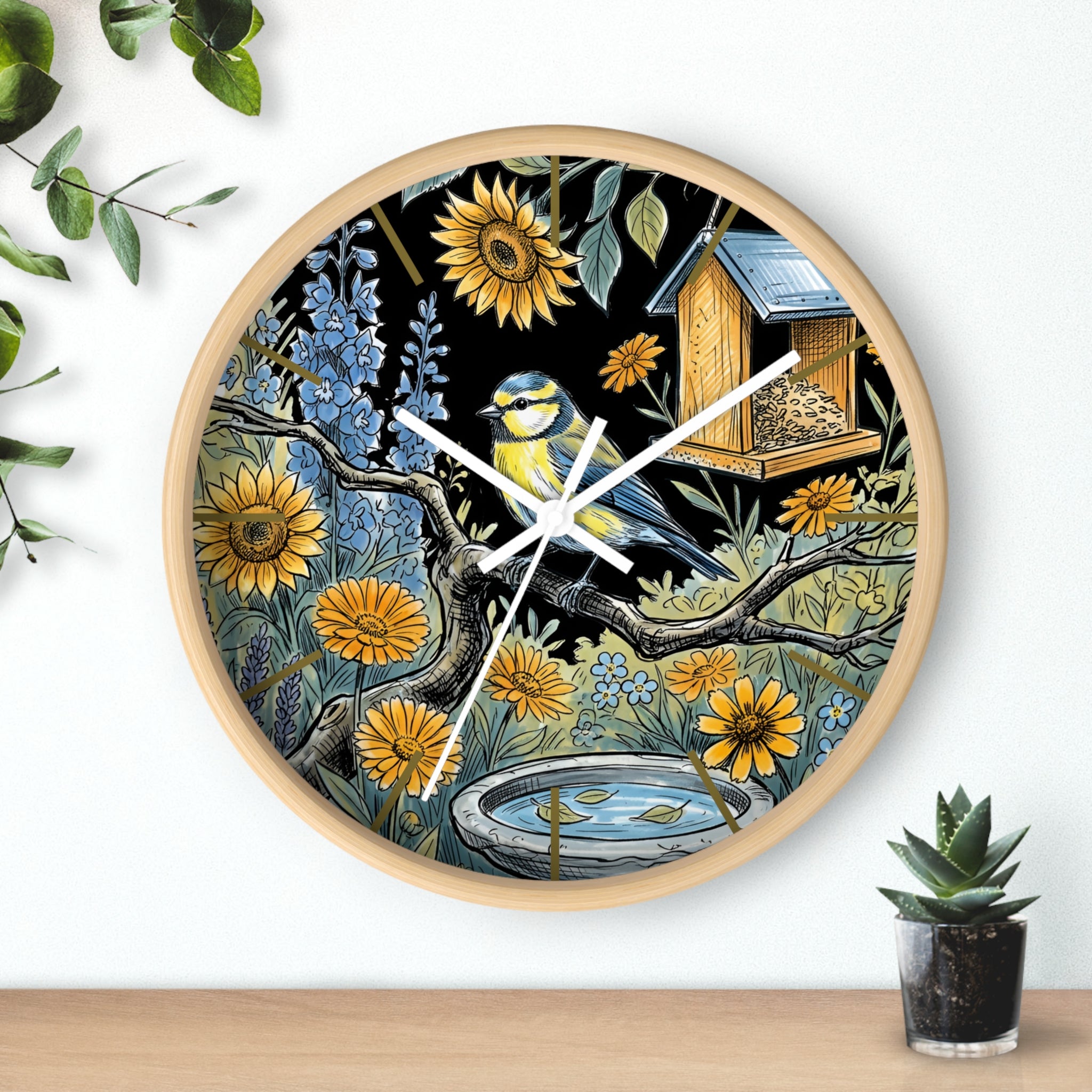 Decorative round wood wall clock with nature-themed design featuring a bird, flowers, and a pond