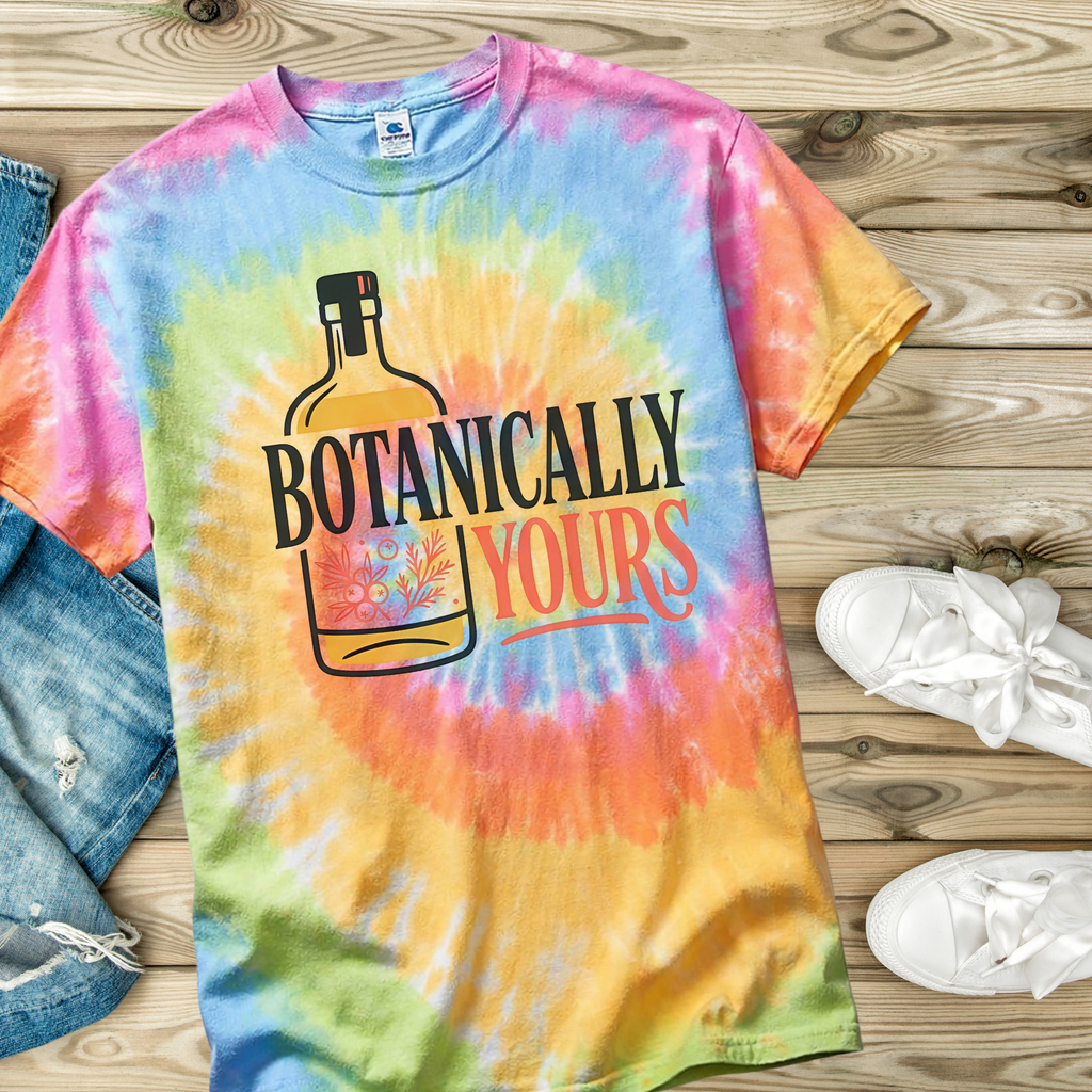 Tie-dye t-shirt in the color Eternity with 'Botanically Yours' design on a wooden surface with jeans and shoes.