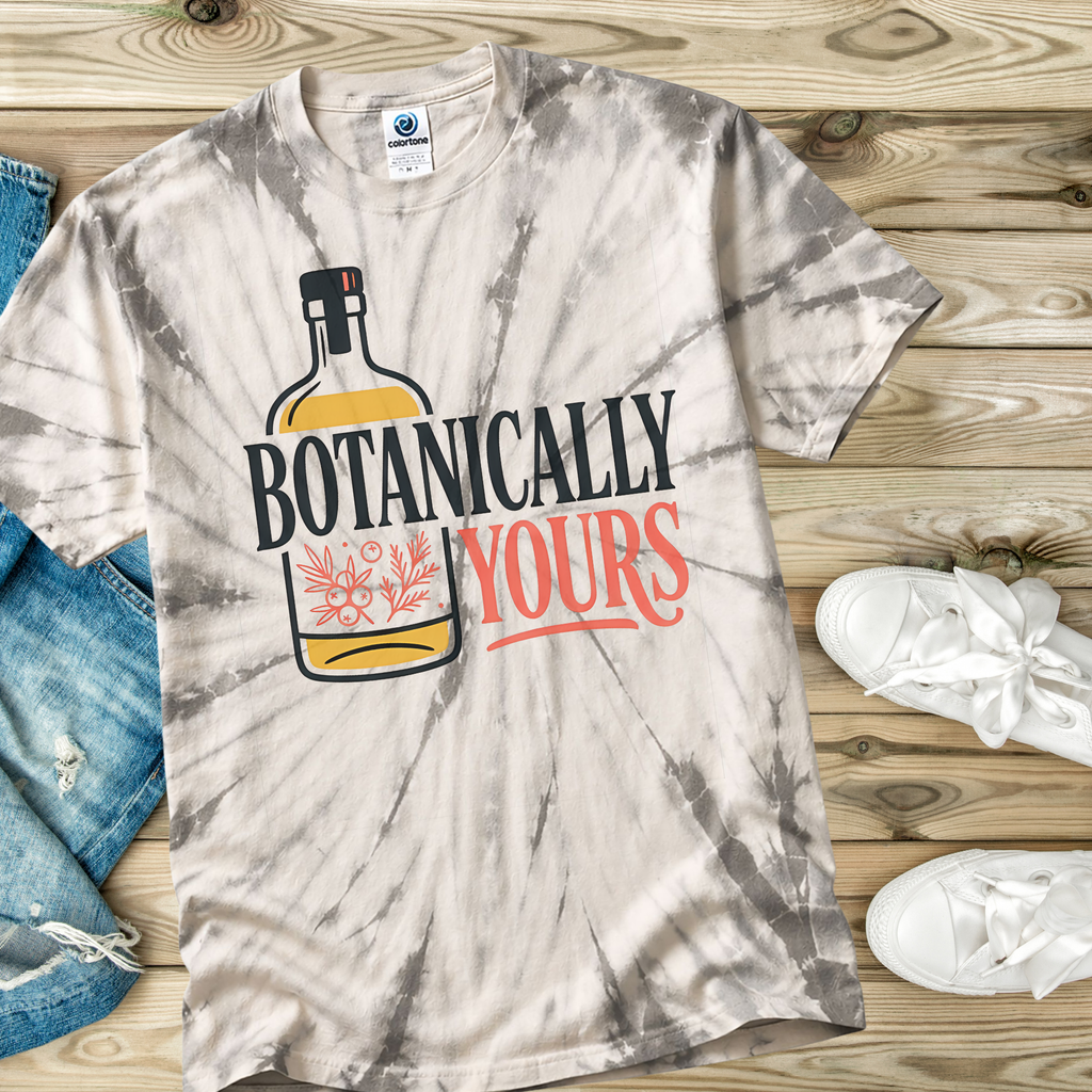 Tie-dye t-shirt in the color Spider Silver with 'Botanically Yours' design on a wooden surface with jeans and sneakers.