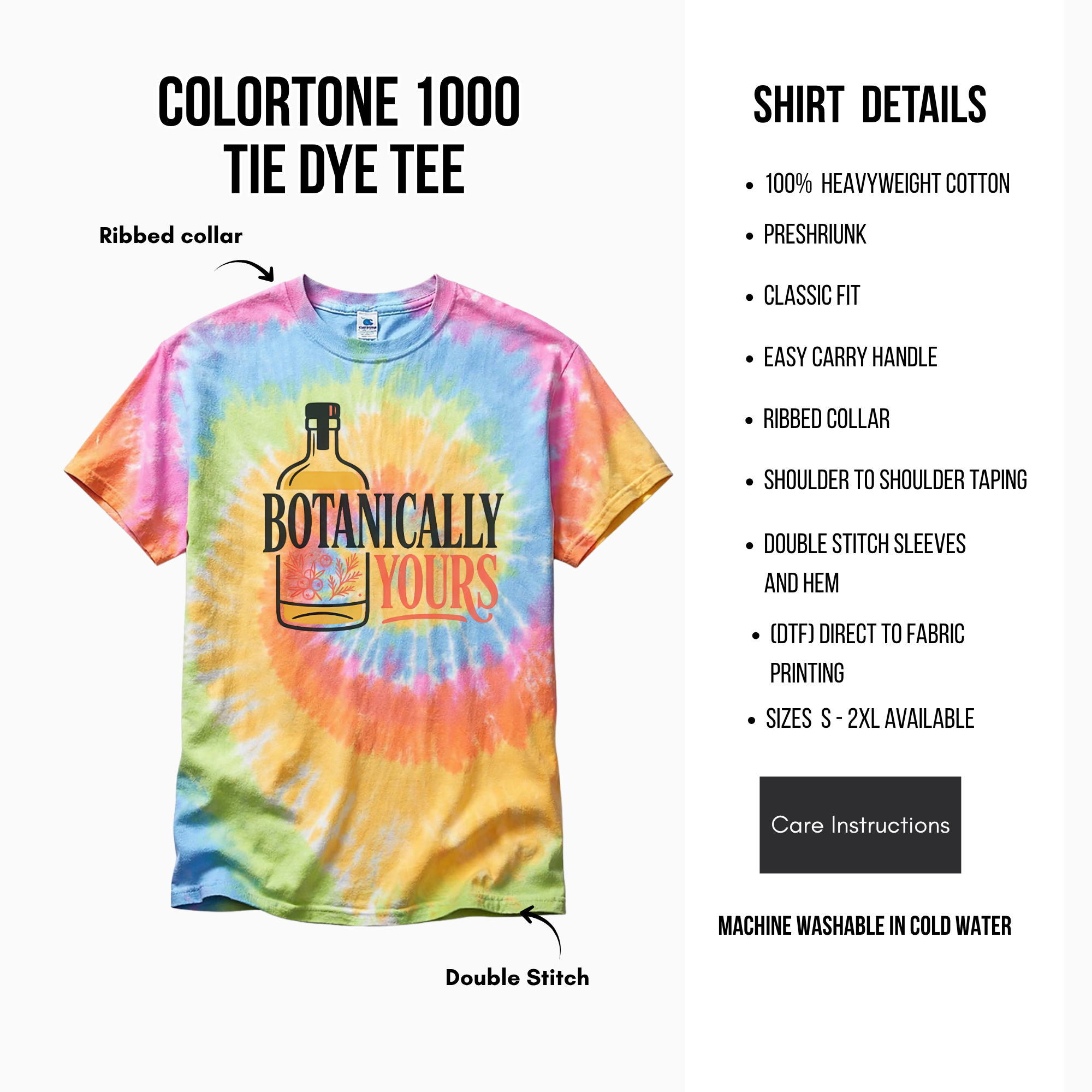 Tie-dye t-shirt with 'Botanically Yours' design and product details on a white background