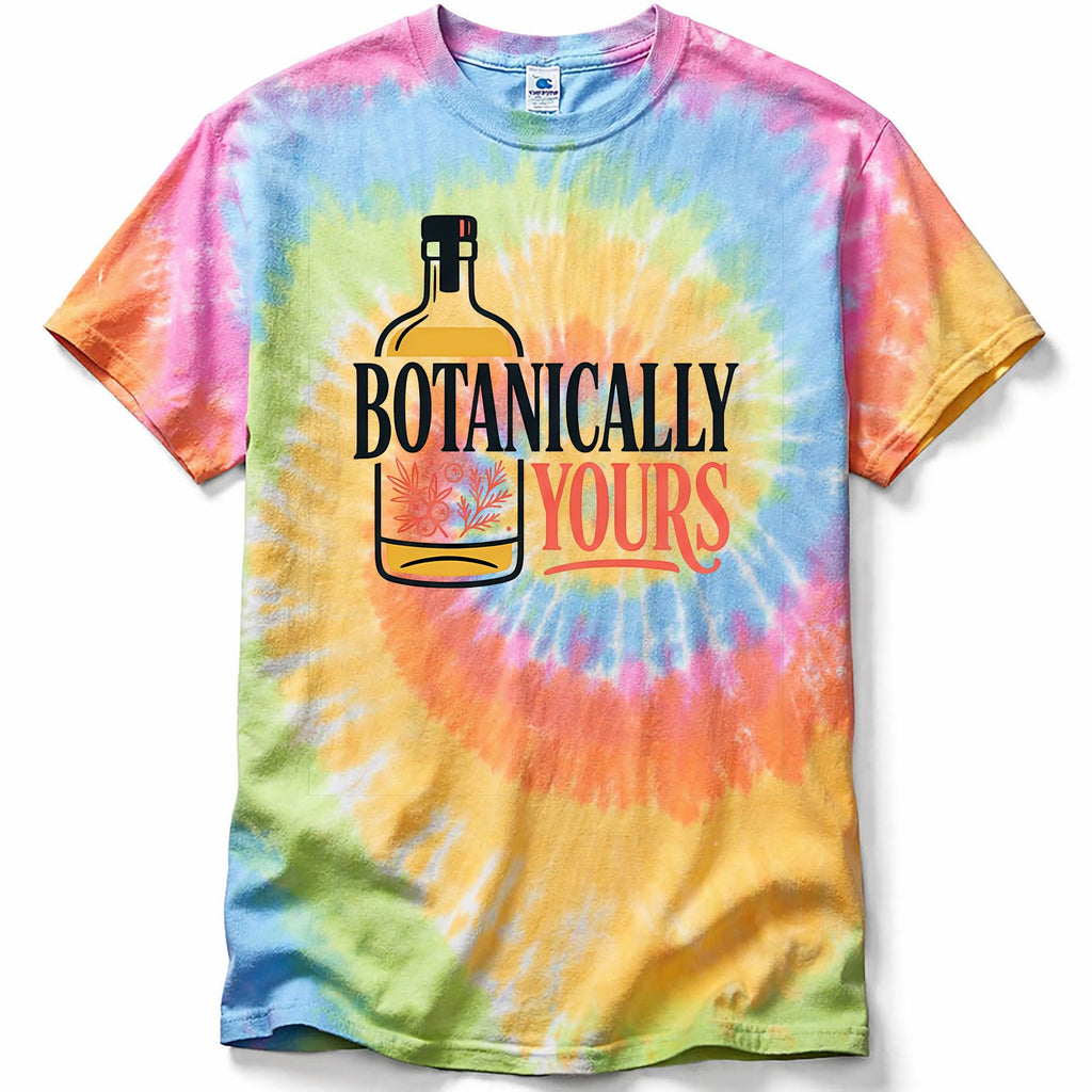 Tie-dye t-shirt in the color Eternity with 'Botanically Yours' design on a white background