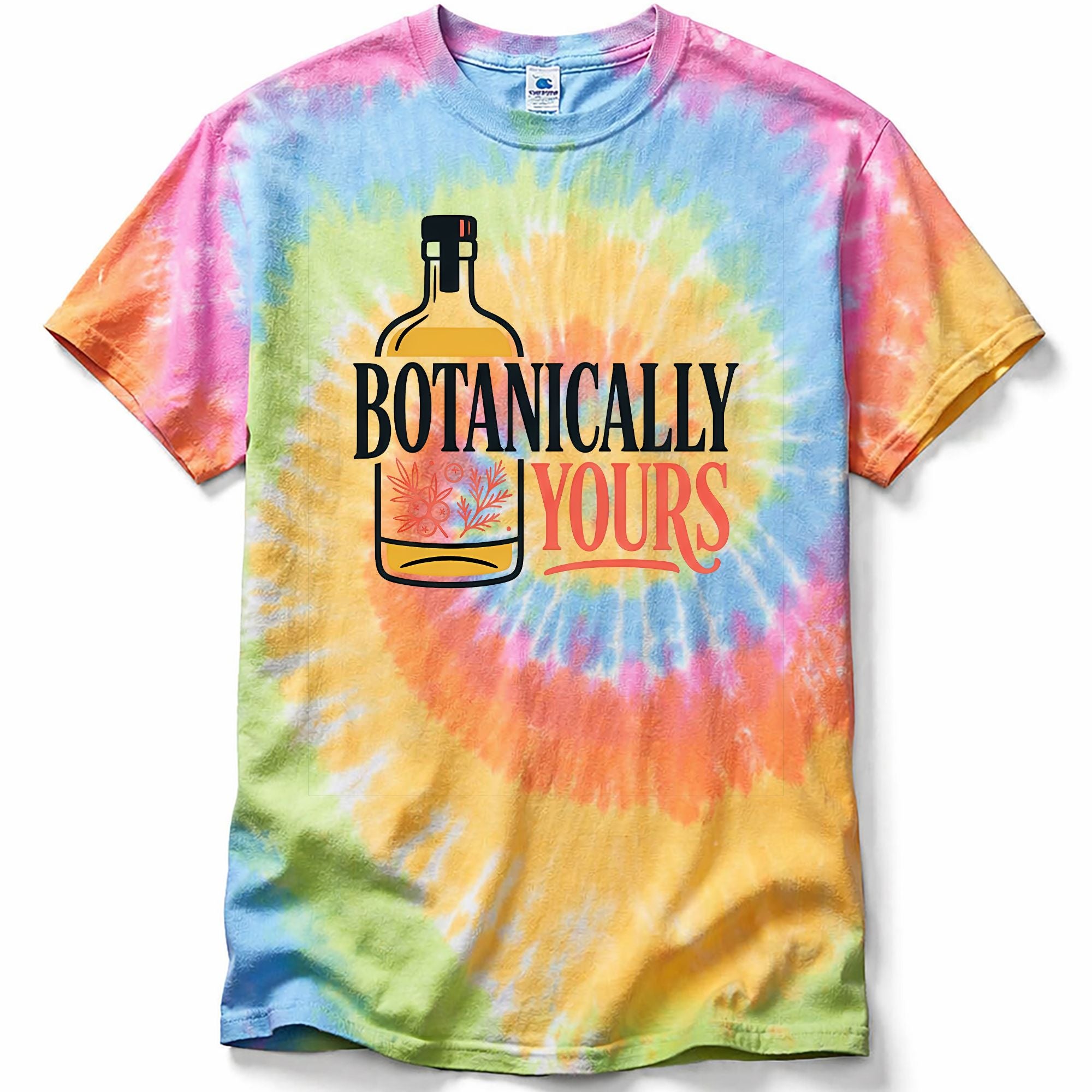 Tie-dye t-shirt in the color Eternity with 'Botanically Yours' design on a white background