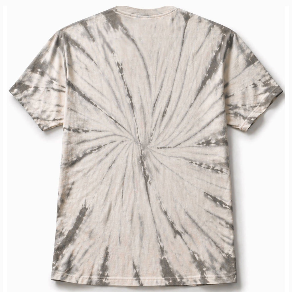 Tie-dye t-shirt with a spiral pattern on a white background