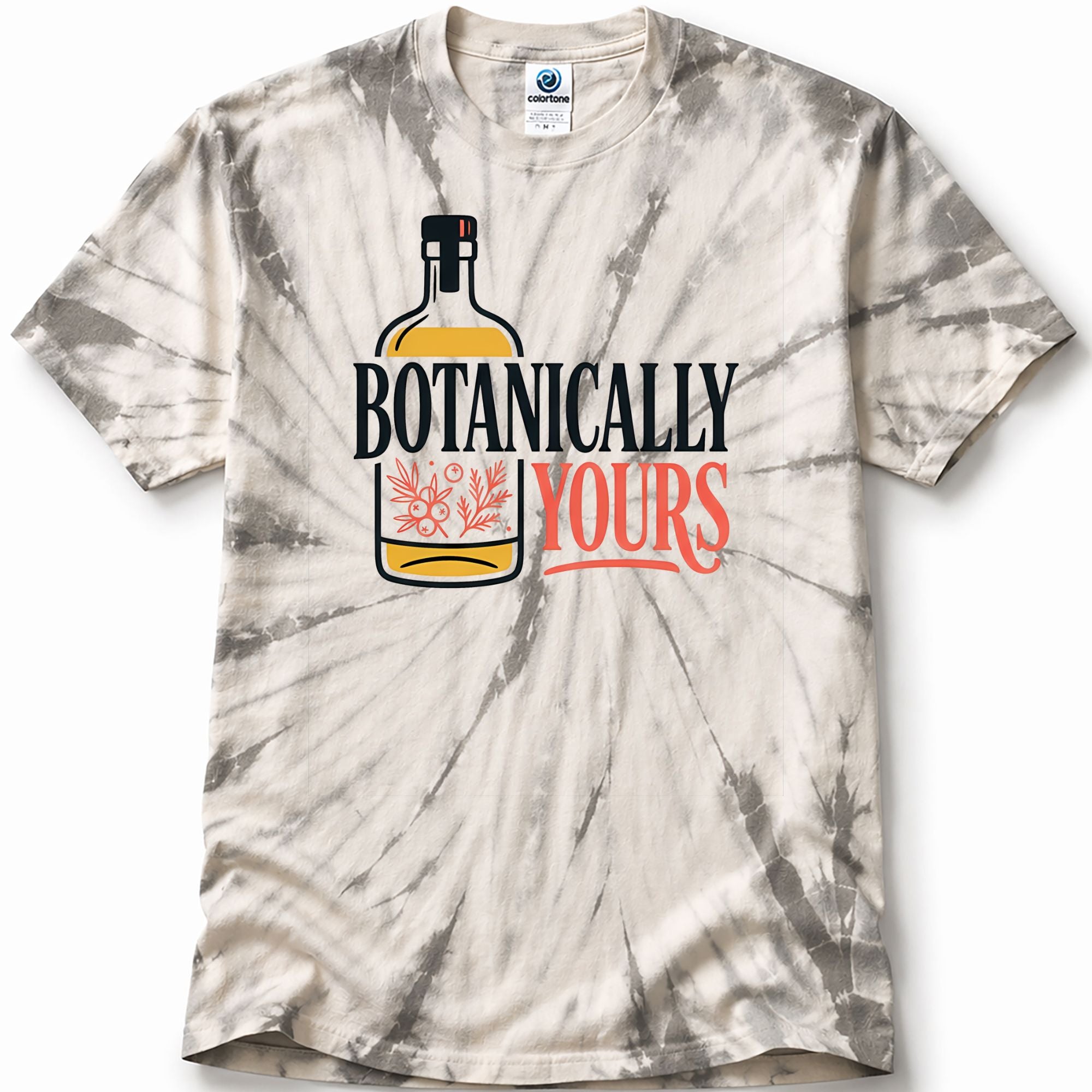 Tie-dye t-shirt  in the color Spider Silver with 'Botanically Yours' design on a white background