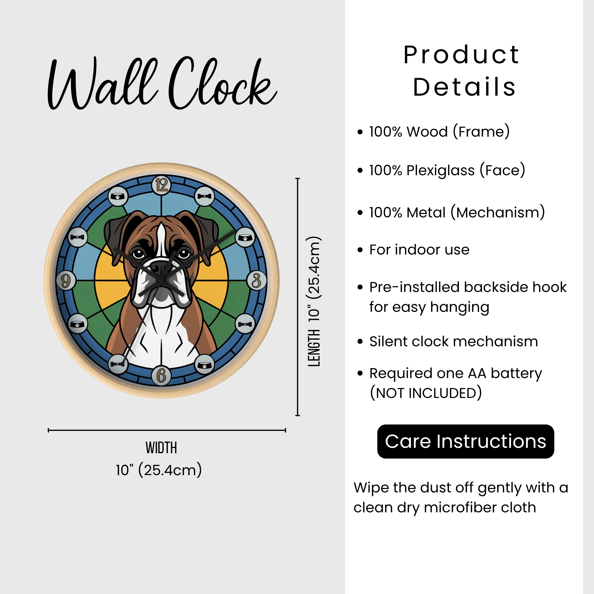 Wall clock with dog illustration and product details on a white background