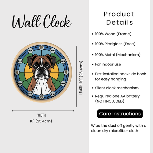 Wall clock with dog illustration and product details on a white background