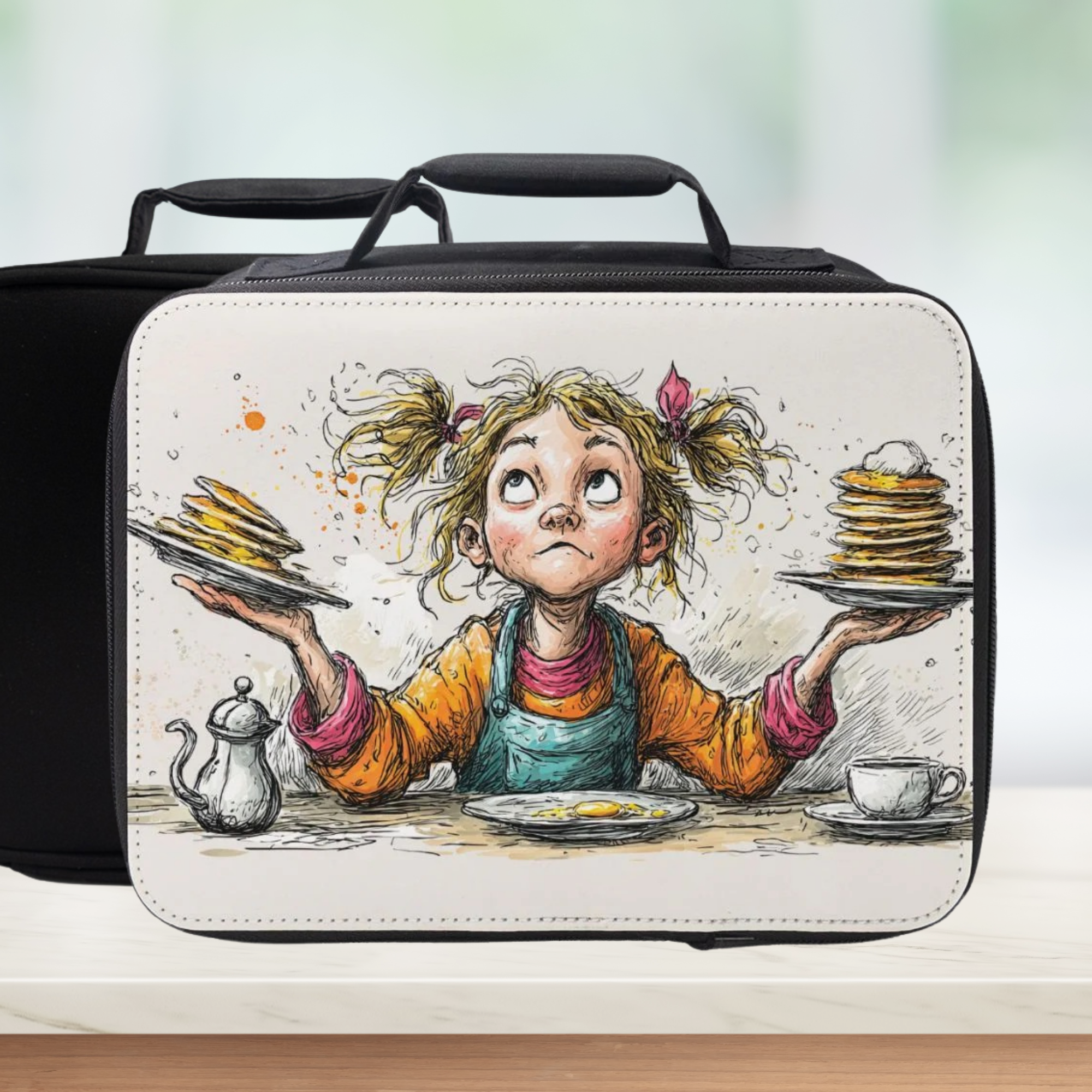  insulated lunch bag with a cartoon design of a girl with pigtails holding plates of pancakes.