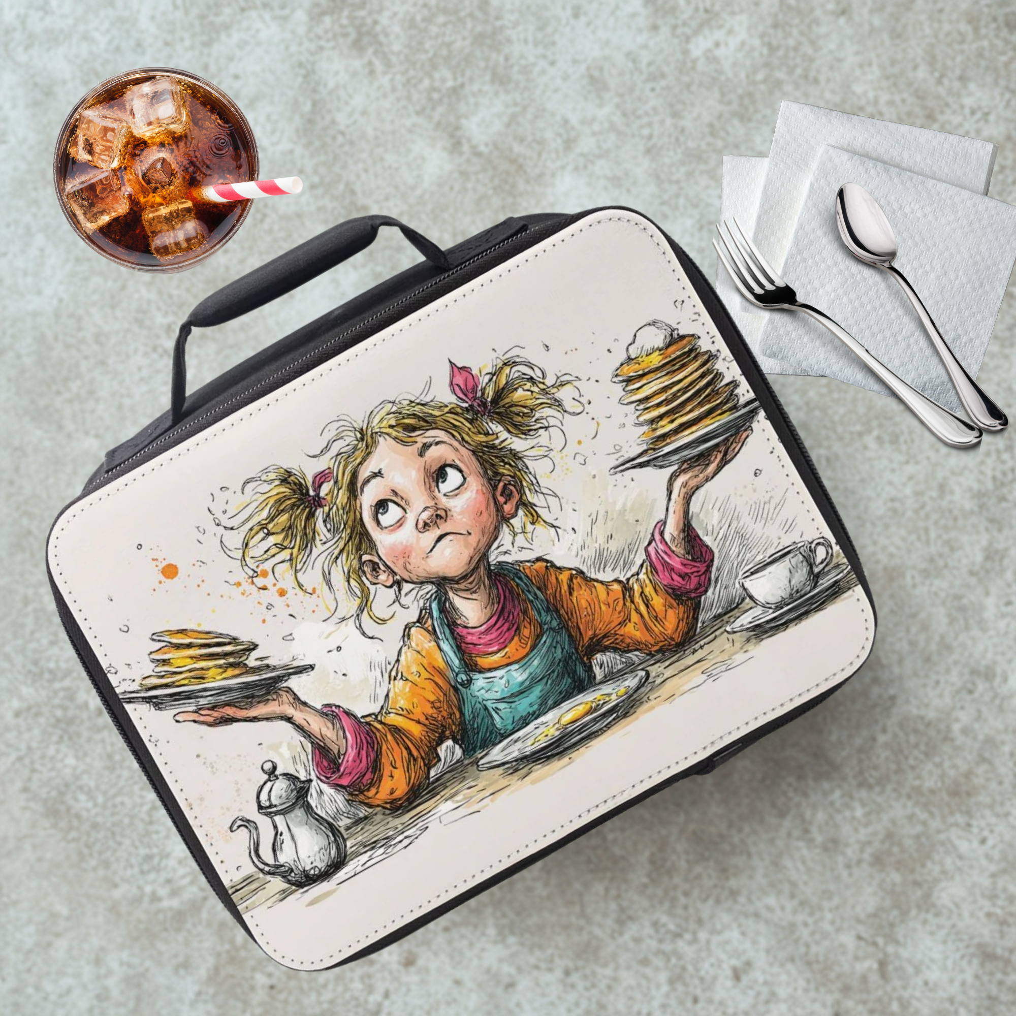 Lunch bag with a design of a girl holding pancakes on a cafeteria table with a drink and utensils.