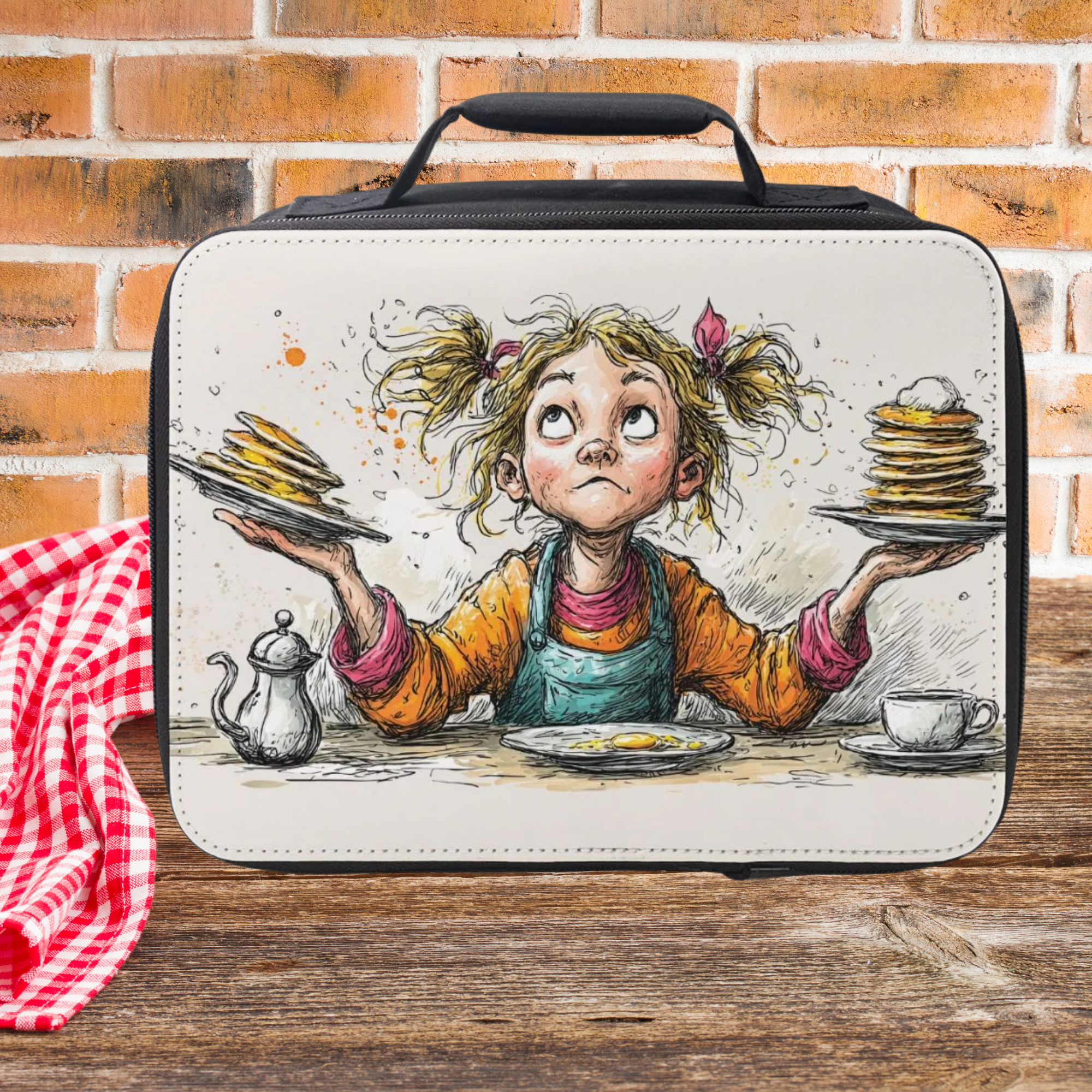 Lunch bag with a design of a girl with plates of pancakes on a picnic table and a brick wall background