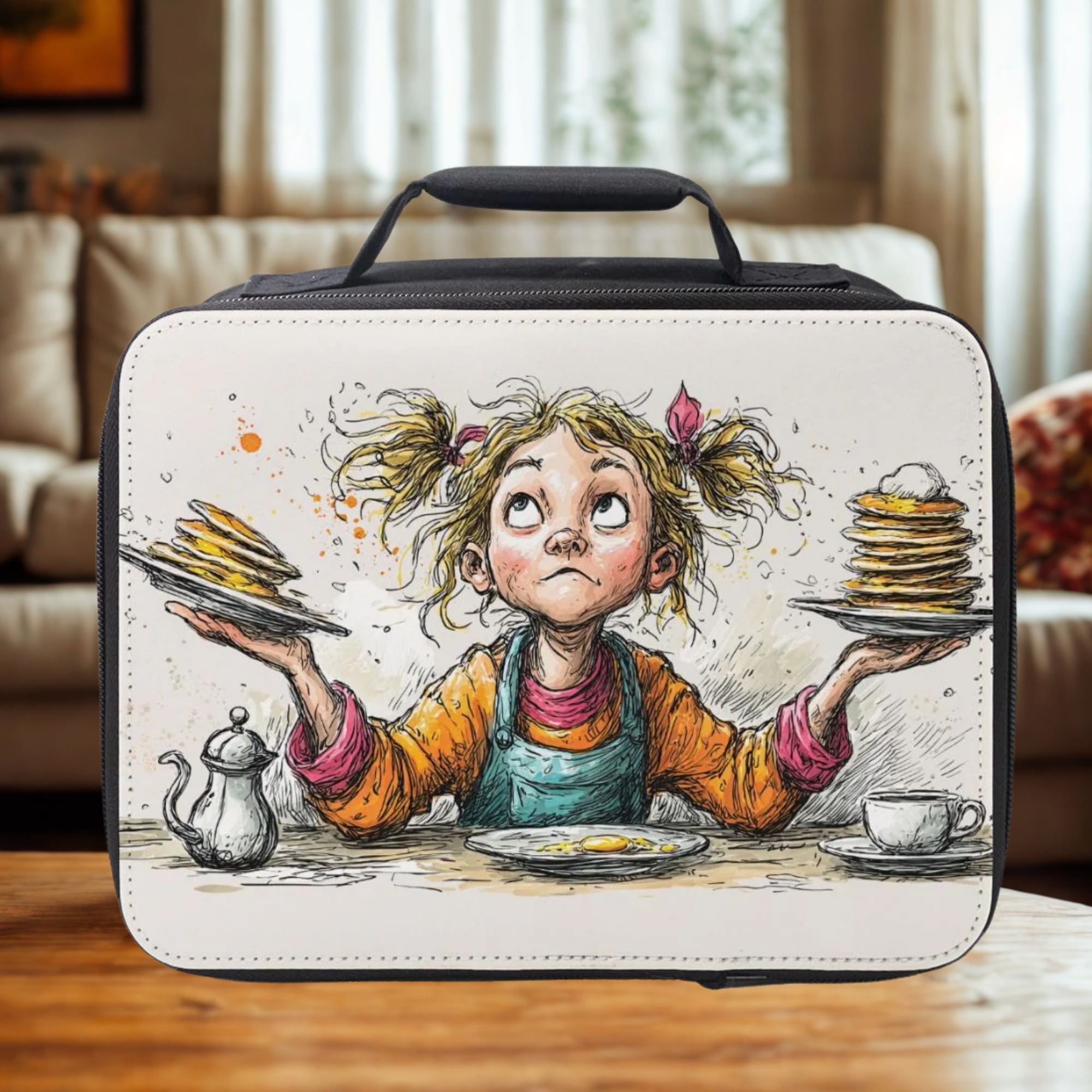  insulated lunch bag with a design of a girl with pigtails holding plates of pancakes, sitting at a table.