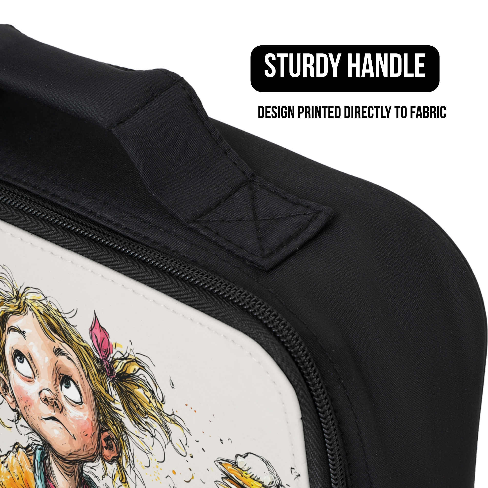 Black lunch bag with a design printed directly to fabric on a white background