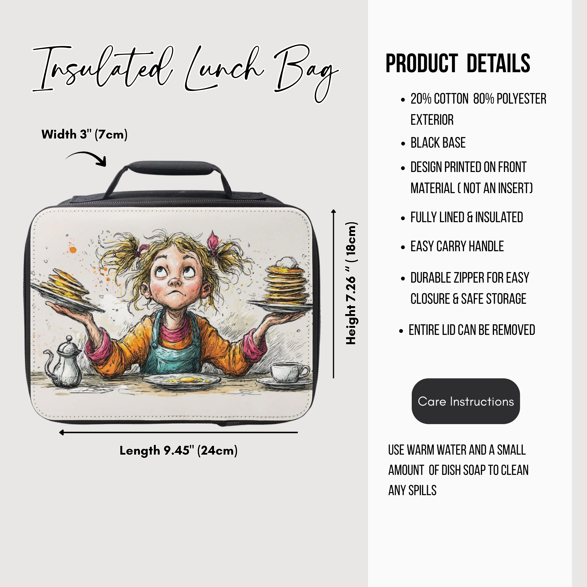 Insulated lunch bag with cartoon design and product details on a white background