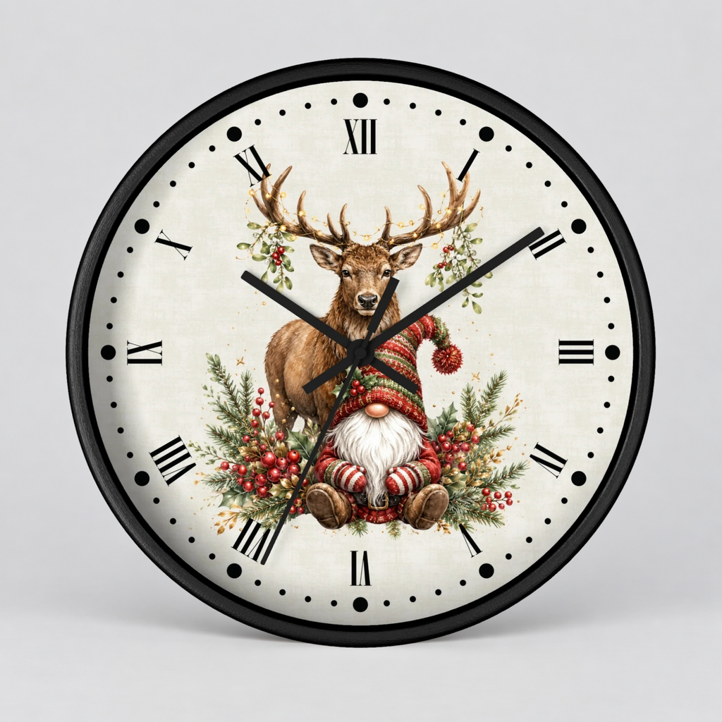 A round wall clock with a black frame and Roman numerals, featuring a festive illustration of a stag and a Christmas gnome surrounded by greenery and red berries on the clock face, shown against a light gray background.