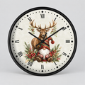 A round wall clock with a black frame and Roman numerals, featuring a festive illustration of a stag and a Christmas gnome surrounded by greenery and red berries on the clock face, shown against a light gray background.