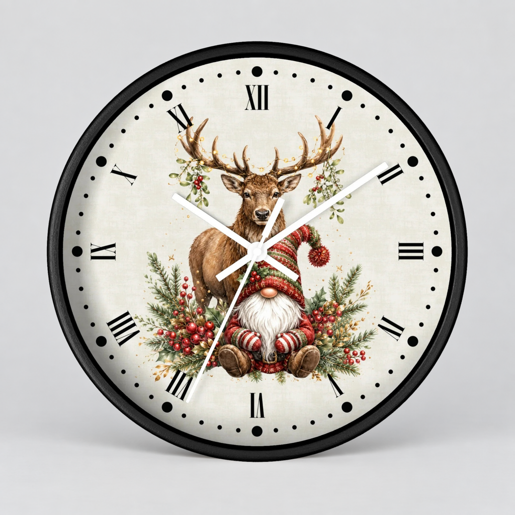 Round wall clock with a black frame and Roman numerals, featuring a festive illustration of a deer and a Christmas gnome on the clock face, shown against a light gray background.