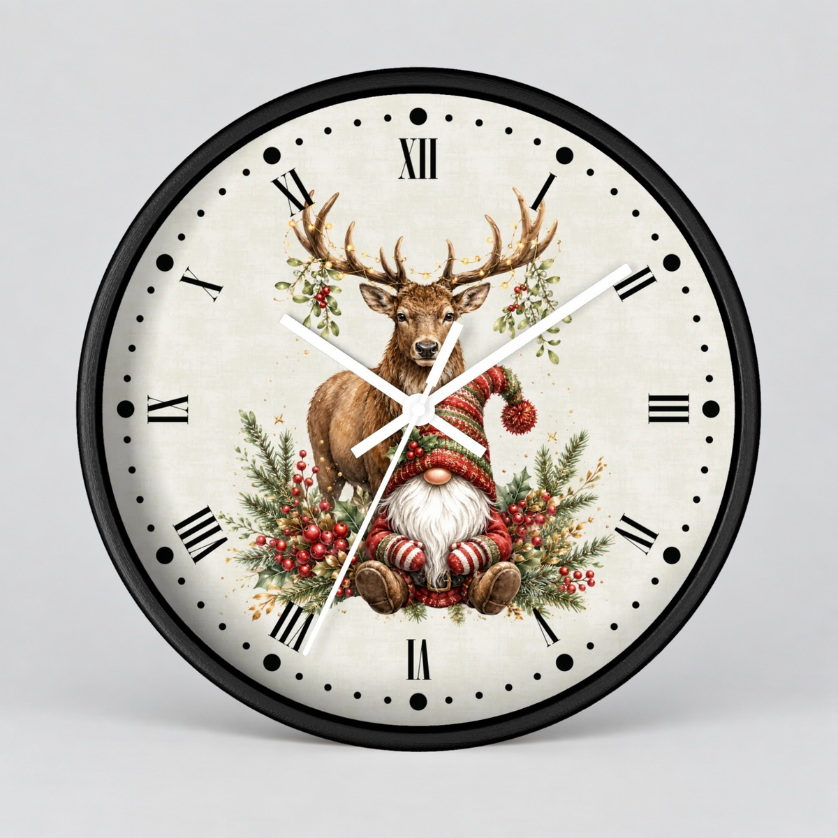 Round wall clock with a black frame and Roman numerals, featuring a festive illustration of a deer and a Christmas gnome on the clock face, shown against a light gray background.