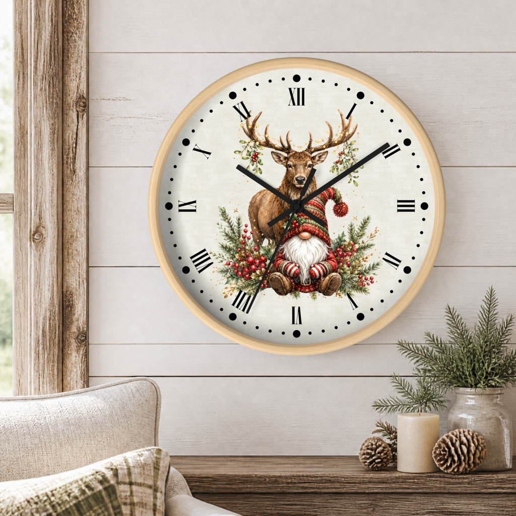 A round wall clock with a light wood frame hangs on a white shiplap wall above a rustic wooden table. The clock face features a vintage-style illustration of a reindeer with antlers, a Santa hat, and a gnome figure surrounded by greenery and red berries.