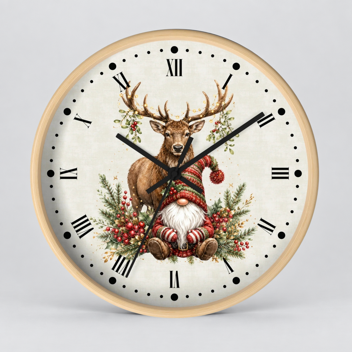 A round wall clock with a light natural wood frame and a vintage-style cream dial. The clock face features a detailed illustration of a brown stag with antlers and a festive gnome in red and green clothing, surrounded by pine branches and red berries, with black Roman numerals and hands on a light gray background.