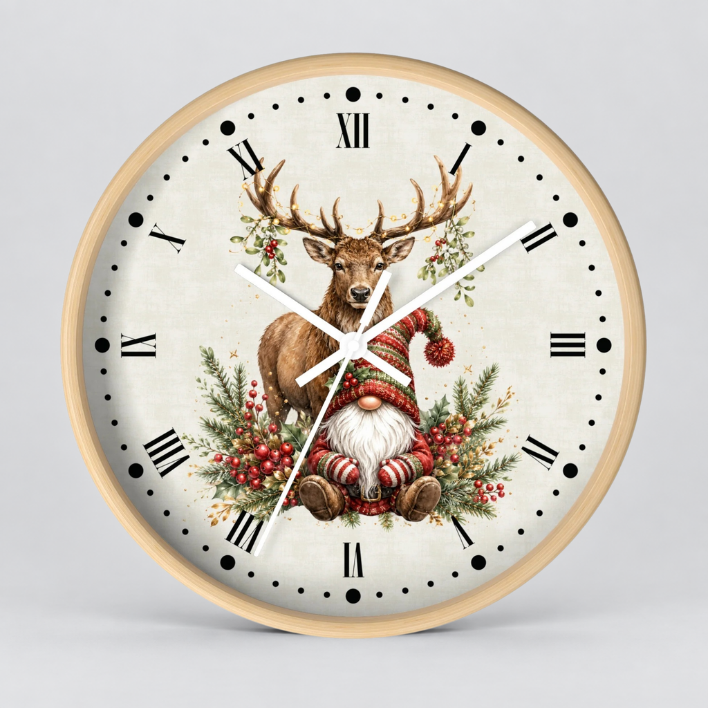 Round wall clock with a light wood frame and a cream-colored face, featuring a festive illustration of a stag and a Christmas gnome surrounded by greenery and red berries, with black Roman numerals and hands on a light gray background.