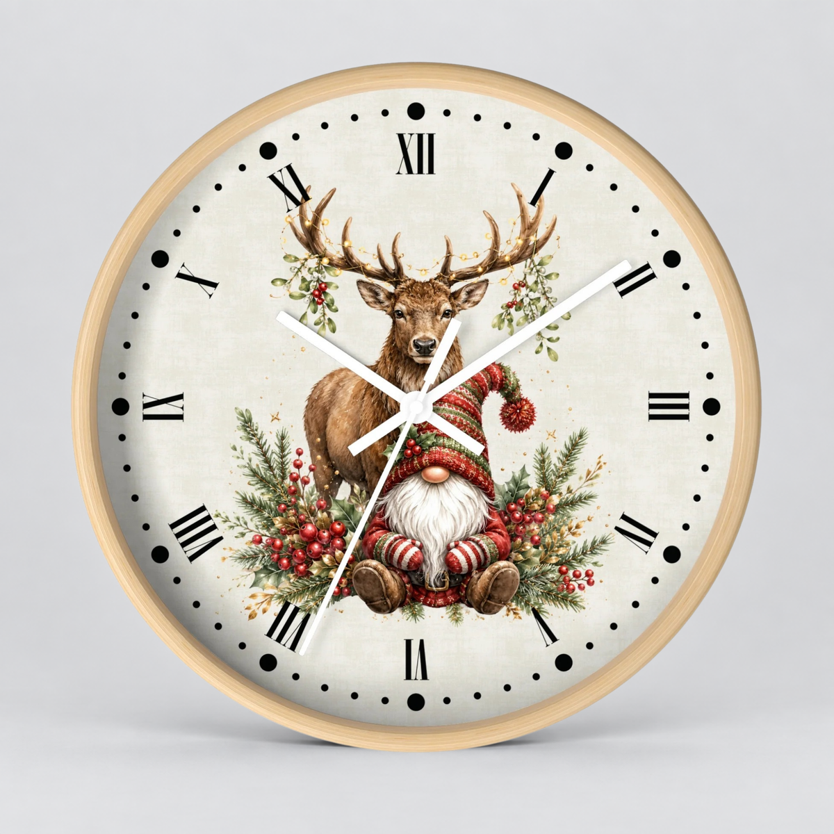 Round wall clock with a light wood frame and a cream-colored face, featuring a festive illustration of a stag and a Christmas gnome surrounded by greenery and red berries, with black Roman numerals and hands on a light gray background.