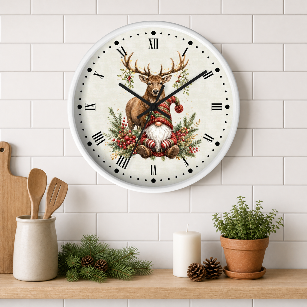A round white wall clock with a festive Christmas design featuring a deer and a gnome, mounted on a white subway tile wall above a wooden shelf with kitchen props.