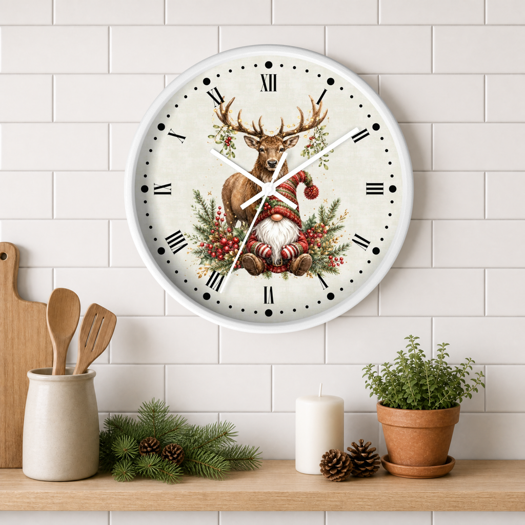 A round wall clock with a white frame and a festive Christmas design featuring a deer and a gnome, mounted on a white subway tile wall above a wooden shelf with kitchen props.