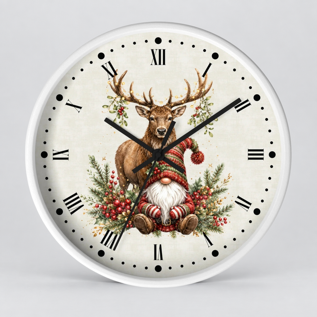 Round wall clock with a white frame and a vintage-style holiday illustration on the dial, featuring a deer, greenery, and a gnome seated among red berries on an off-white background.