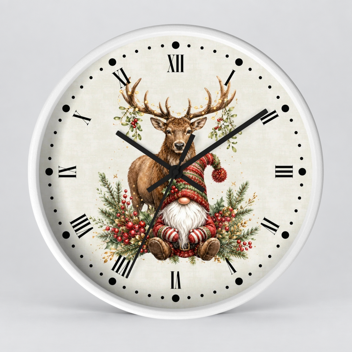 Round wall clock with a white frame and a vintage-style holiday illustration on the dial, featuring a deer, greenery, and a gnome seated among red berries on an off-white background.