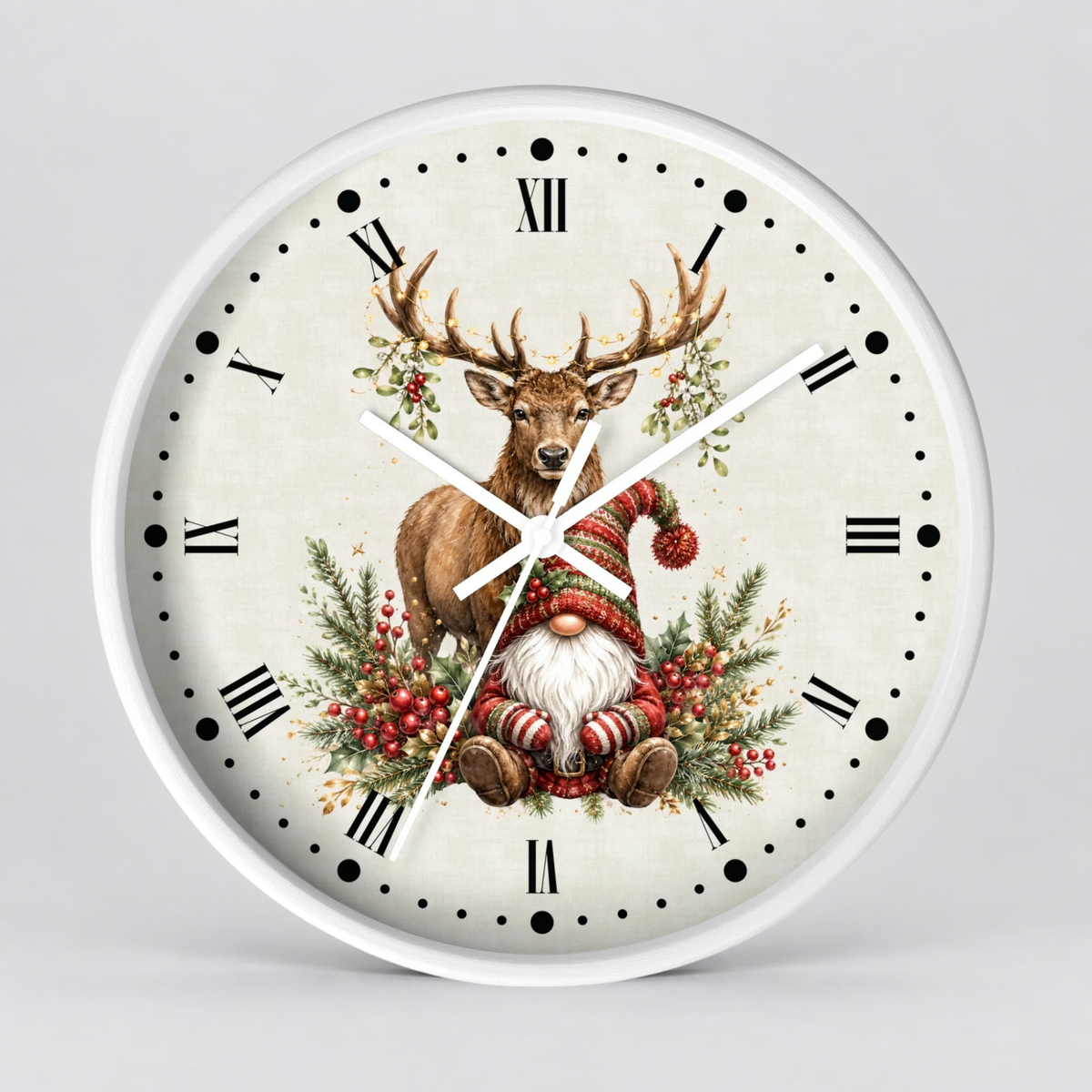 A round wall clock with a white frame and a vintage-style holiday illustration on the face, featuring a brown stag with antlers, a red-and-white striped gnome, green foliage, and black Roman numerals on a light cream background.