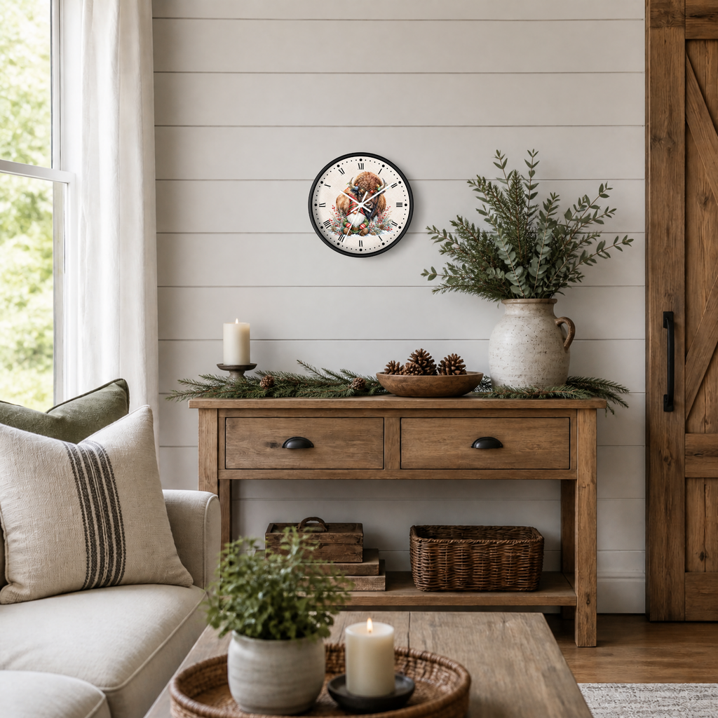 A round wall clock featuring a festive gnome and bison illustration, styled in a cozy, rustic living room setting above a wooden console table with holiday greenery and candles. 