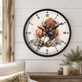 A round wall clock with a black frame and a festive winter illustration of a bison, gnome, wreath, and ornaments on the face, mounted on a white wood paneled wall above a rustic table with candles and pine branches.