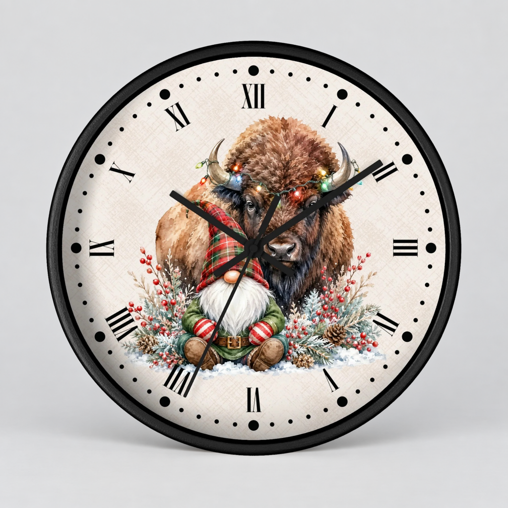 A round wall clock with a black frame and Roman numerals, featuring a festive illustration of a bison wearing a plaid Santa hat and a gnome in the snow at the bottom, shown against a light gray background.