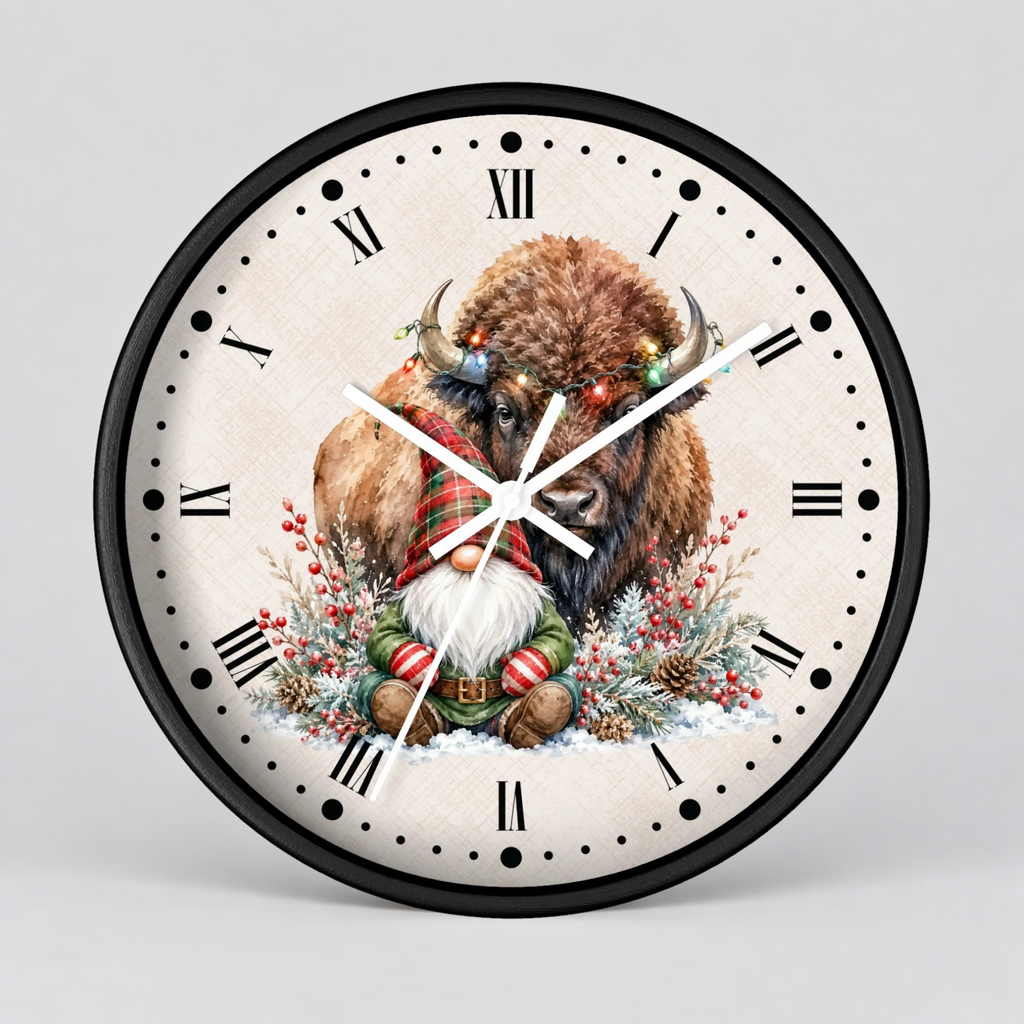 Christmas Buffalo & Gnome Wall Clock — Festive Holiday Home Decor