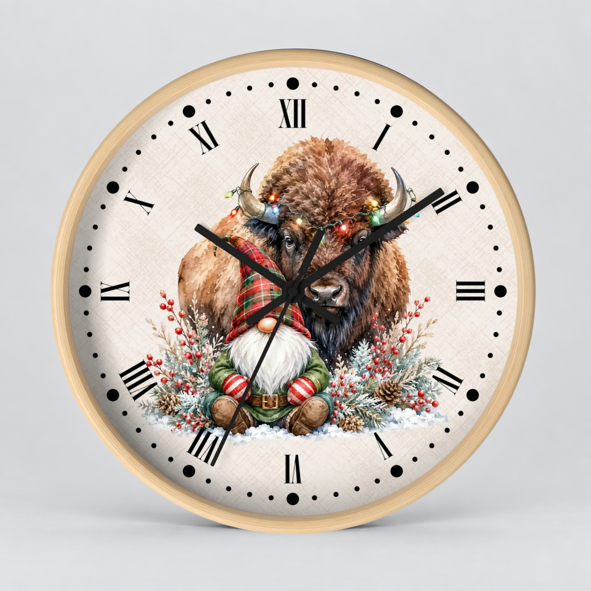 Christmas Buffalo & Gnome Wall Clock — Festive Holiday Home Decor