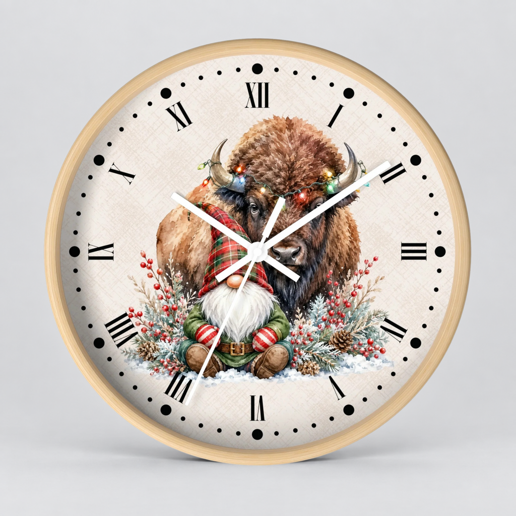 Christmas Buffalo & Gnome Wall Clock — Festive Holiday Home Decor