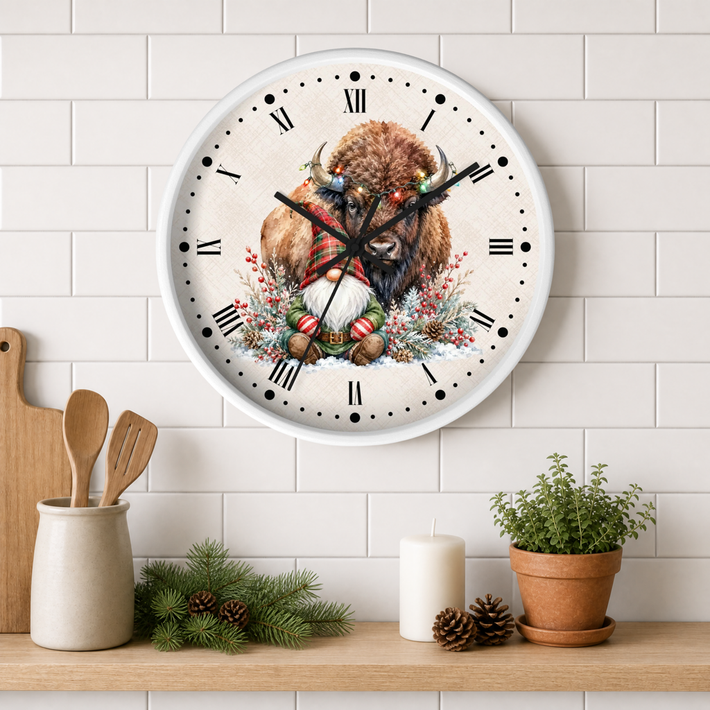 A round wall clock with a white frame hangs on a white subway tile wall above a wooden shelf. The clock face features a detailed illustration of a bison wearing a red and green plaid scarf, surrounded by holiday greenery and ornaments.