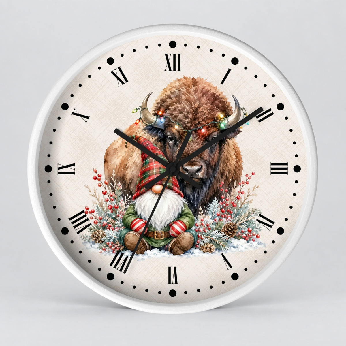 Christmas Buffalo & Gnome Wall Clock — Festive Holiday Home Decor