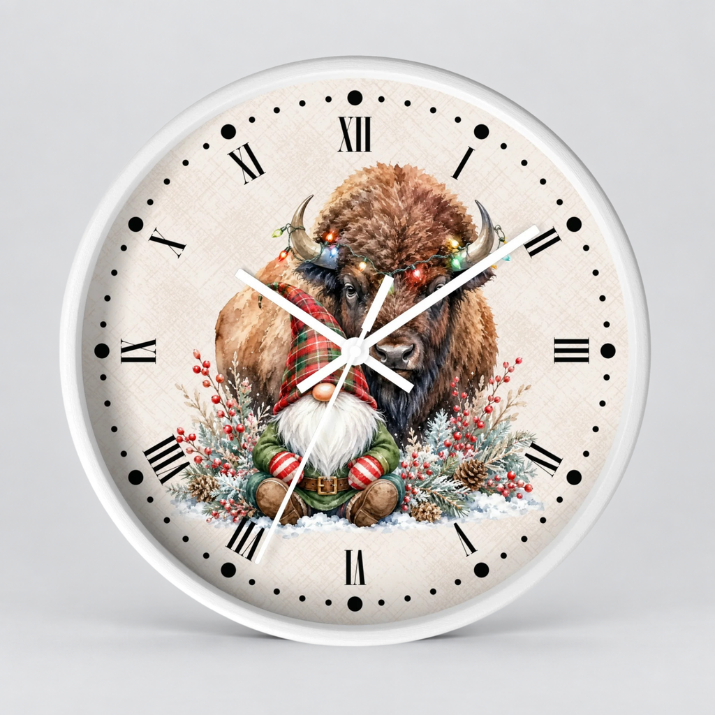 Christmas Buffalo & Gnome Wall Clock — Festive Holiday Home Decor
