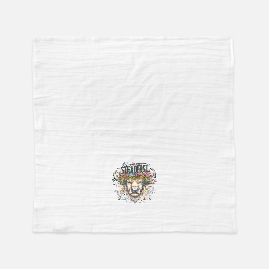White tea towel with a buffalo graphic and text on a white background