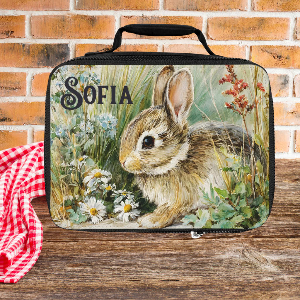 Lunch bag with a rabbit design and 'Sofia' custom text on a wooden picnic table against a brick wall.