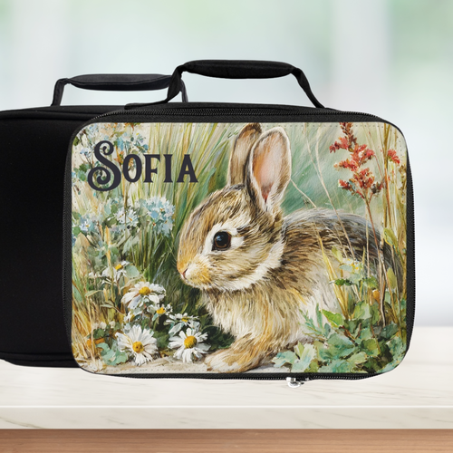 Lunch bag with a rabbit design and 'Sofia' custom text on a blurred background