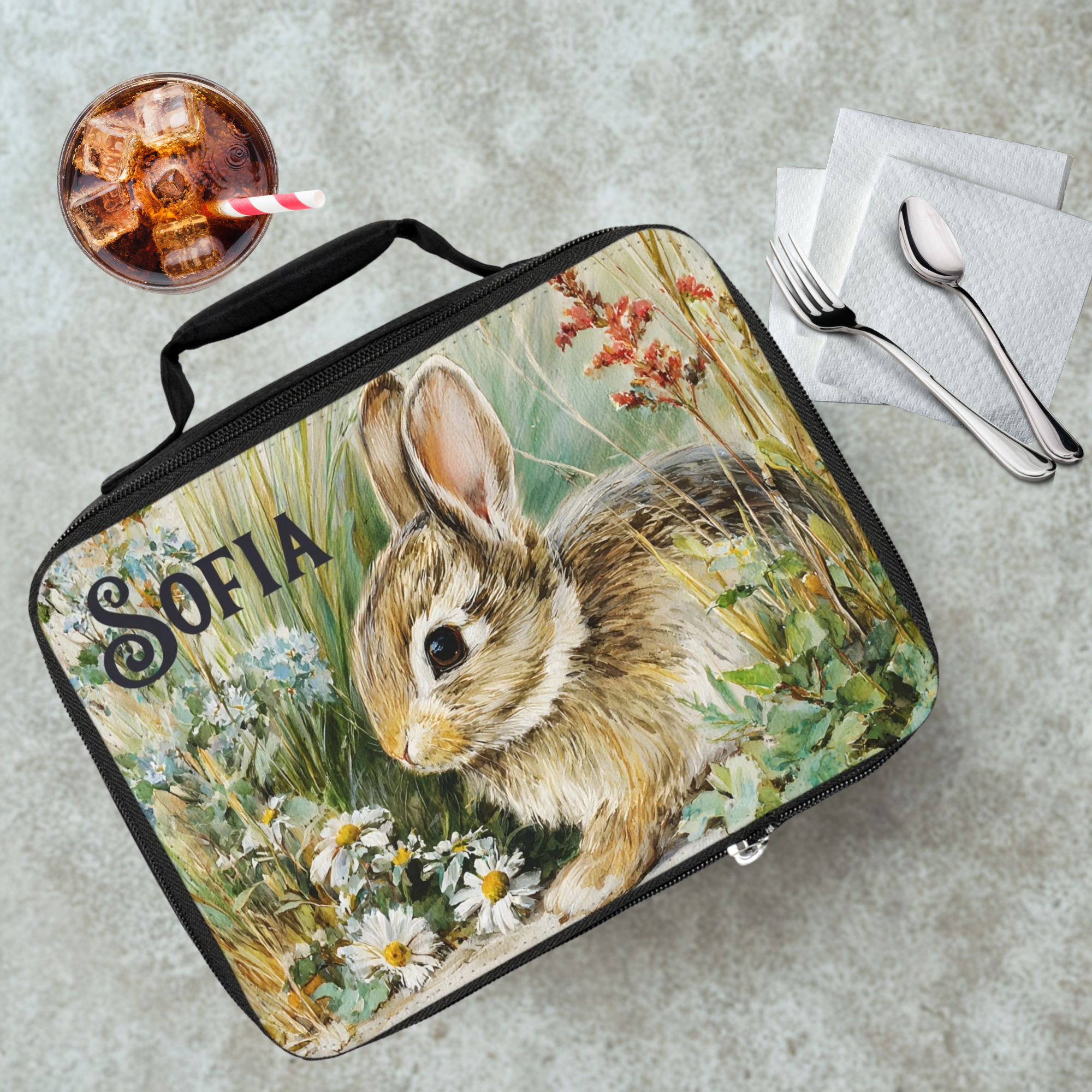 Lunch bag with a rabbit design and 'Sofia' personalized text on a cafeteria table with a drink and utensils.