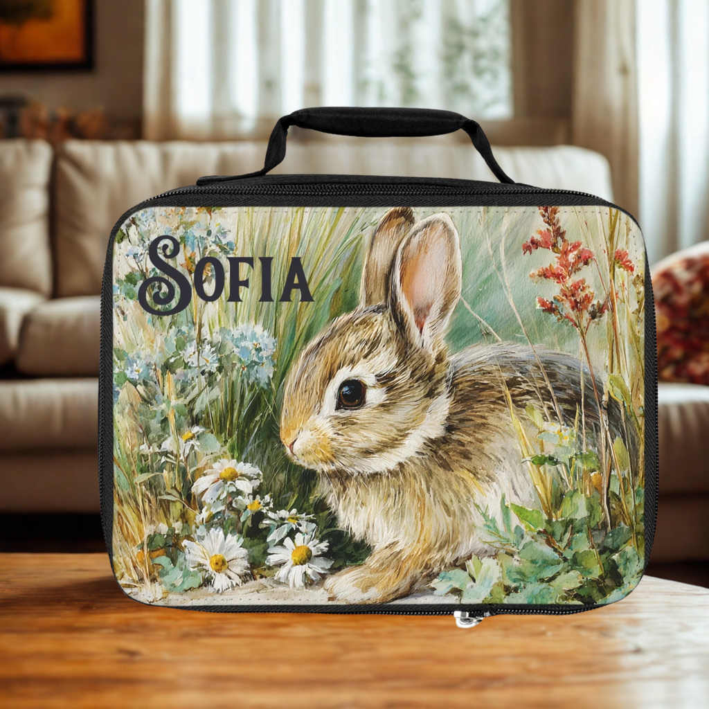  insulated lunch bag with a rabbit design and 'Sofia' custom text on a wooden living room table
