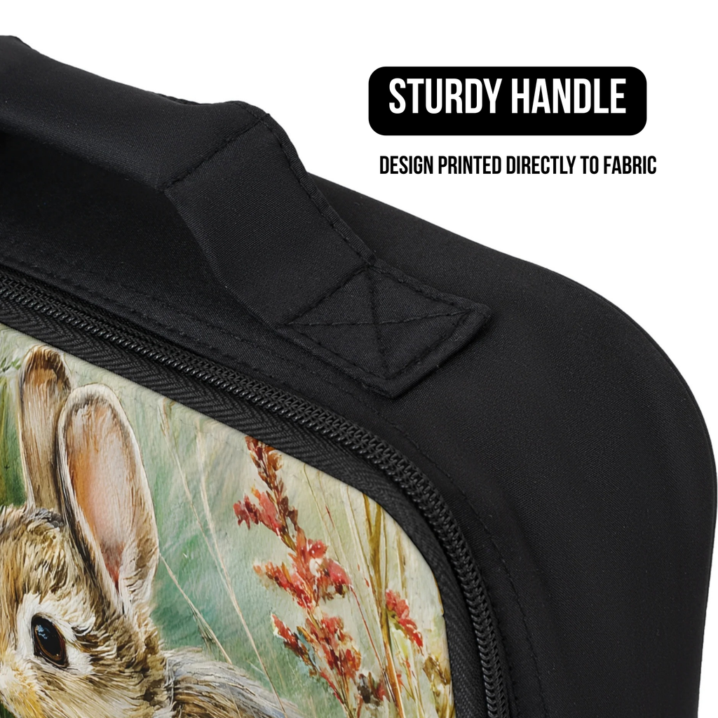 Close up of a black lunch bag with a rabbit design and sturdy handle feature